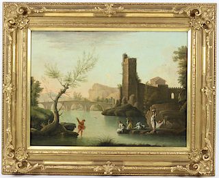 Antique 19th C River Scene Oil Painting On Canvas