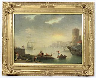 Antique 19th C Harbor Scene Oil Painting On Canvas