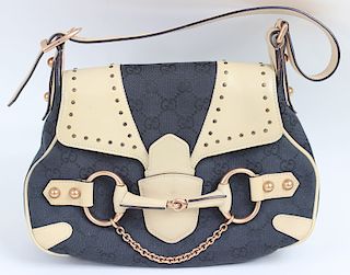 Gucci Guccisma Black Denim Beige Leather Hand Bag