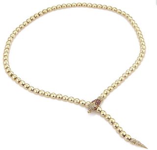 Diamond Ruby Snake 18k Gold Bead Lariat Necklace