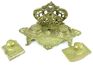 3pc Antique French Gilt Bronze Double Inkwell Set