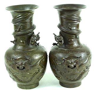 Pair of Japanese Bronze Dragon Figural Vases