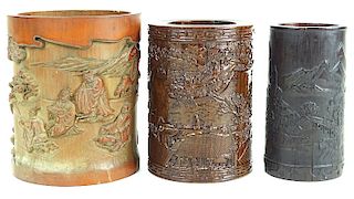 Three Chinese Hand Carved Wooden Scenic Brush Pots