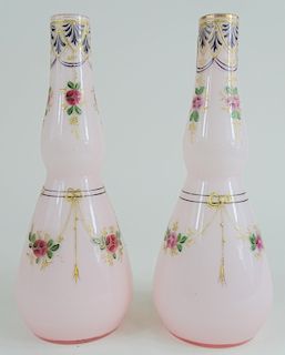 Fabulous Pair of Enameled Pink Milk Glass Vases