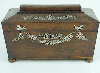 Rosewood Mother of Pearl Inlaid Tea Caddy