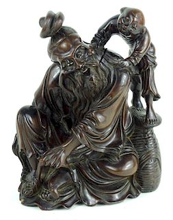 Chinese Carved Wooden Wise Man & Child Sculpture