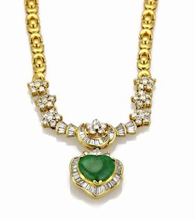 Estate 2ct Diamond Heart Jade 18k Gold Necklace