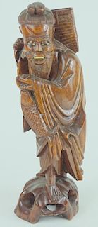 20th C. Chinese Carved Wooden Fisherman Sculpture