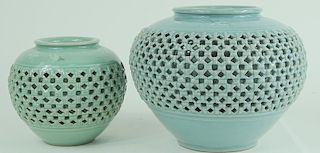 Two 20th Century Chinese Celadon Low Vases