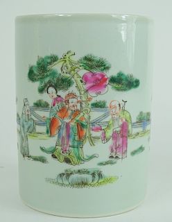 20th C. Chinese Hand Painted Famille Brush Pot