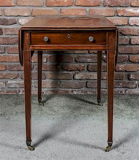 A George III Fruitwood Strung Mahogany Pembroke Table, Height 27 1/2 x width 19 1/2 x depth 30 inches.