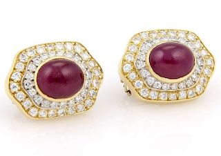 18k Gold Cabochon Ruby & Diamond Stud Earrings
