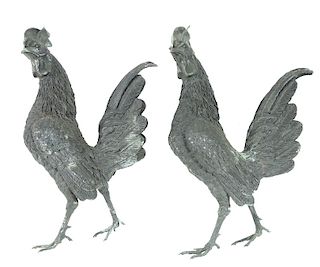 Pr of Life Size Heavy Mixed Metal Rooster Figures