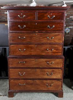 A George III Mahogany Chest on Chest, Height 70 x width 42 x depth 20 3/4 inches.