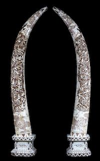Life Size Pair of Chinese Carved Bone Tusks 74" H