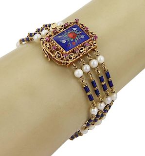Vintage 18k Gold Ruby Pearl Enamel Floral Bracelet