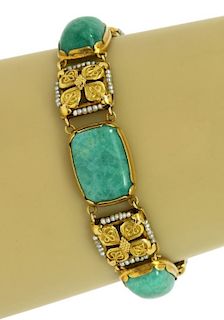 Art Nouveau Amazonite Seed Pearl 14k Gold Bracelet