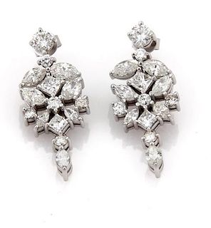 Diamond 14k White Gold Floral Drop Dangle Earrings