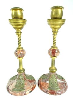 Pair of Antique Rouge Marble & Brass Candlesticks
