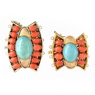 Two (2) Coral, Turquoise and 14K Gold Clasps