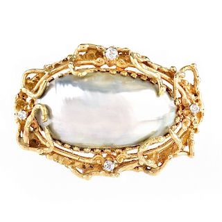 Black Mabe Pearl, Diamond and 14K Gold Brooch