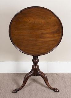 A George III Style Mahogany Tilt-Top Tea Table, Height 28 x diameter 21 1/4 inches.