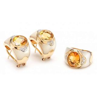 Citrine, Diamond, and Mother-of-Pearl Ring and Ear Clips