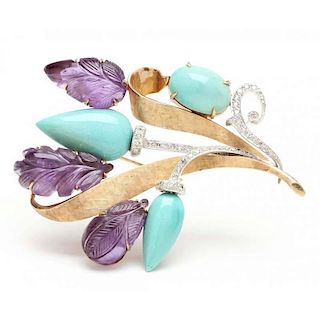 14KT Turquoise, Amethyst, and Diamond Brooch