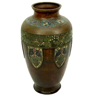 Large Antique Japanese Bronze Champleve Vase
