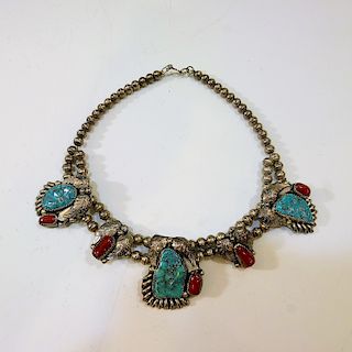 NAVAJO STERLING SILVER CORAL TURQUOISE NECKLACE