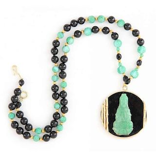 18KT Onyx and Jade Pendant Necklace