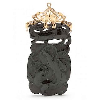 14KT Carved Black Pendant with Gold and Diamond Mount