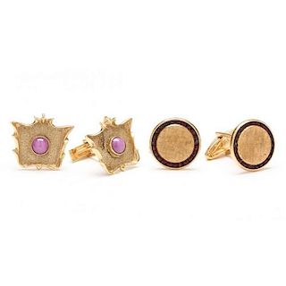 Two Pair 14KT Yellow Gold and Gemstone Cufflinks, Signed