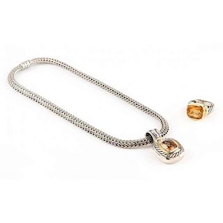 Sterling and Gold Citrine Necklace and Ring, David Yurman and John Hardy