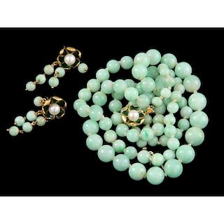 Vintage Jade and Pearl Necklace and Earrings