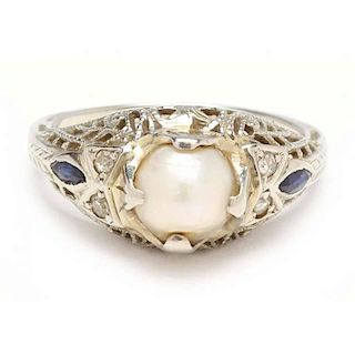 18KT Vintage Pearl and Diamond Ring