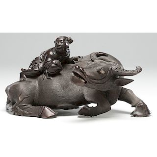 Chinese Carved Hardwood Water Buffalo with Boy and Peach