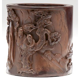 Chinese Carved Bamboo Brush Pot with Scholars