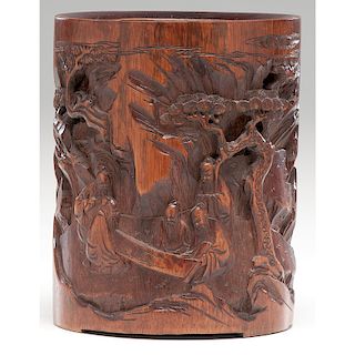 Chinese Carved Bamboo Brush Pot with Landscape
