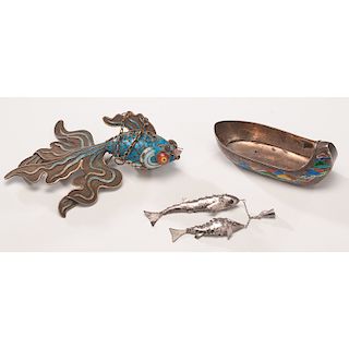 Chinese Silver Filigree and Enamel Fish and Shoe
