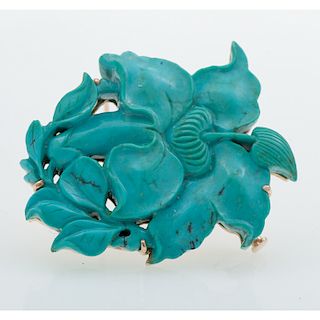 14 Karat Rose Gold Carved Turquoise Brooch