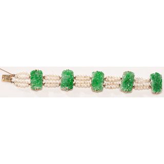 14 Karat Gold Jade and Cultured Pearl Bracelet