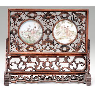 Chinese Table Hongmu Screen with Porcelain Plaques 