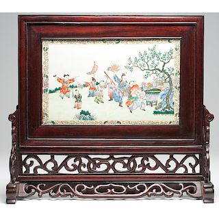 Chinese Porcelain Screen with Hardwood Stand