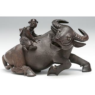 Water Buffalo and Boy Hardwood Carving