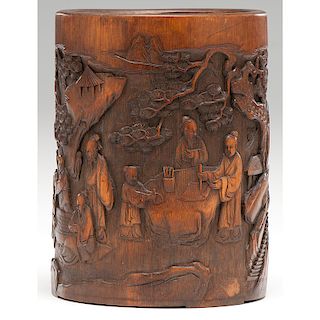 Chinese Bamboo Brush Pot with Scholars Playing Weiqi Chess