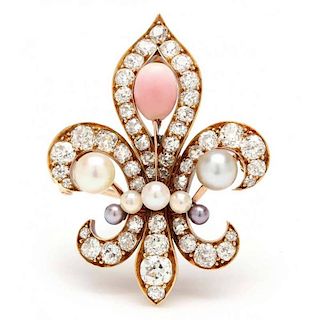 Vintage Pearl, Diamond, and Coral Brooch / Pendant
