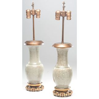 Pair of Ming Celadon Vases with Carved Peonies