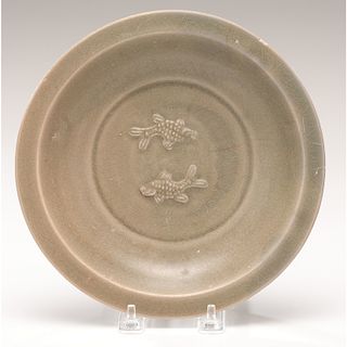 Chinese Celadon Dish with Raised Double Fish Motif