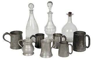 Three Early Glass Decanters, Seven Pewter Canns